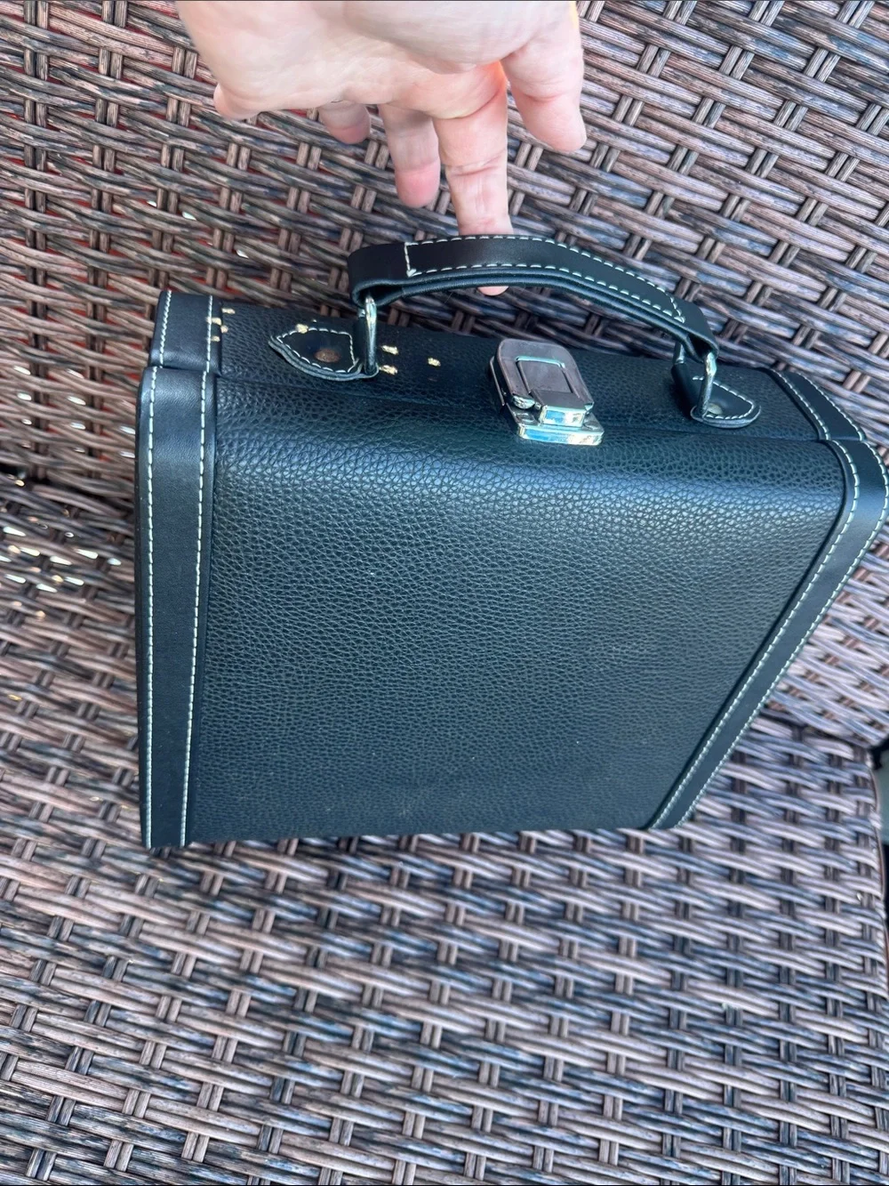 Compact Black Faux Leather Train Case with Top Handle for storage